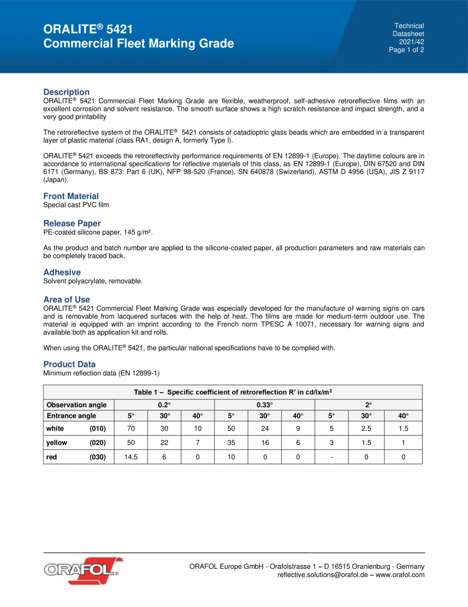 Pagina 1 - Folie adeziva reflectorizanta ALGERNON Oralite 5421 Commercial Fleet Marking Grade Fisa...