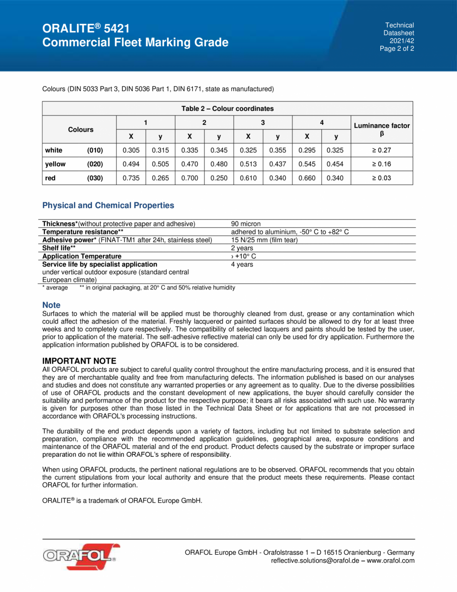 Pagina 2 - Folie adeziva reflectorizanta ALGERNON Oralite 5421 Commercial Fleet Marking Grade Fisa...