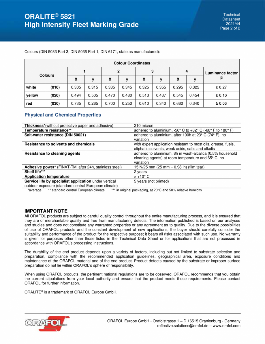 Pagina 2-Folie adeziva reflectorizanta ALGERNON ORALITE 5821 High Intensity Fleet Marking Grade Fisa tehnica ...