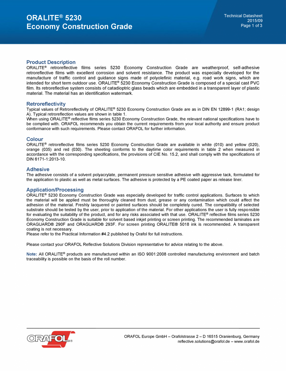 Pagina 1-Folie reflectorizanta ECONOMY CONSTRUCTION GRADE ALGERNON ORALITE 5230 Fisa tehnica Engleza...