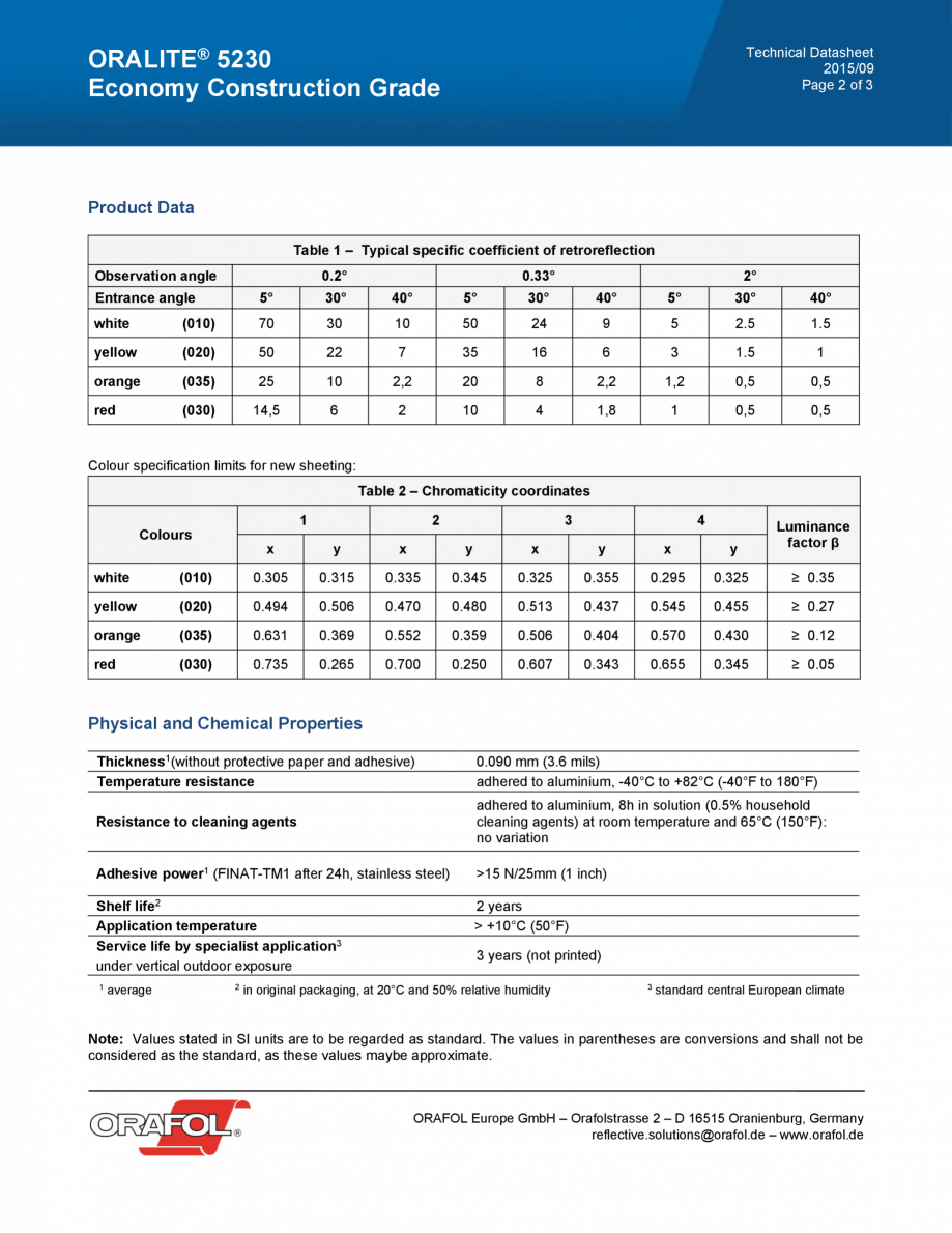 Pagina 2-Folie reflectorizanta ECONOMY CONSTRUCTION GRADE ALGERNON ORALITE 5230 Fisa tehnica Engleza , the...