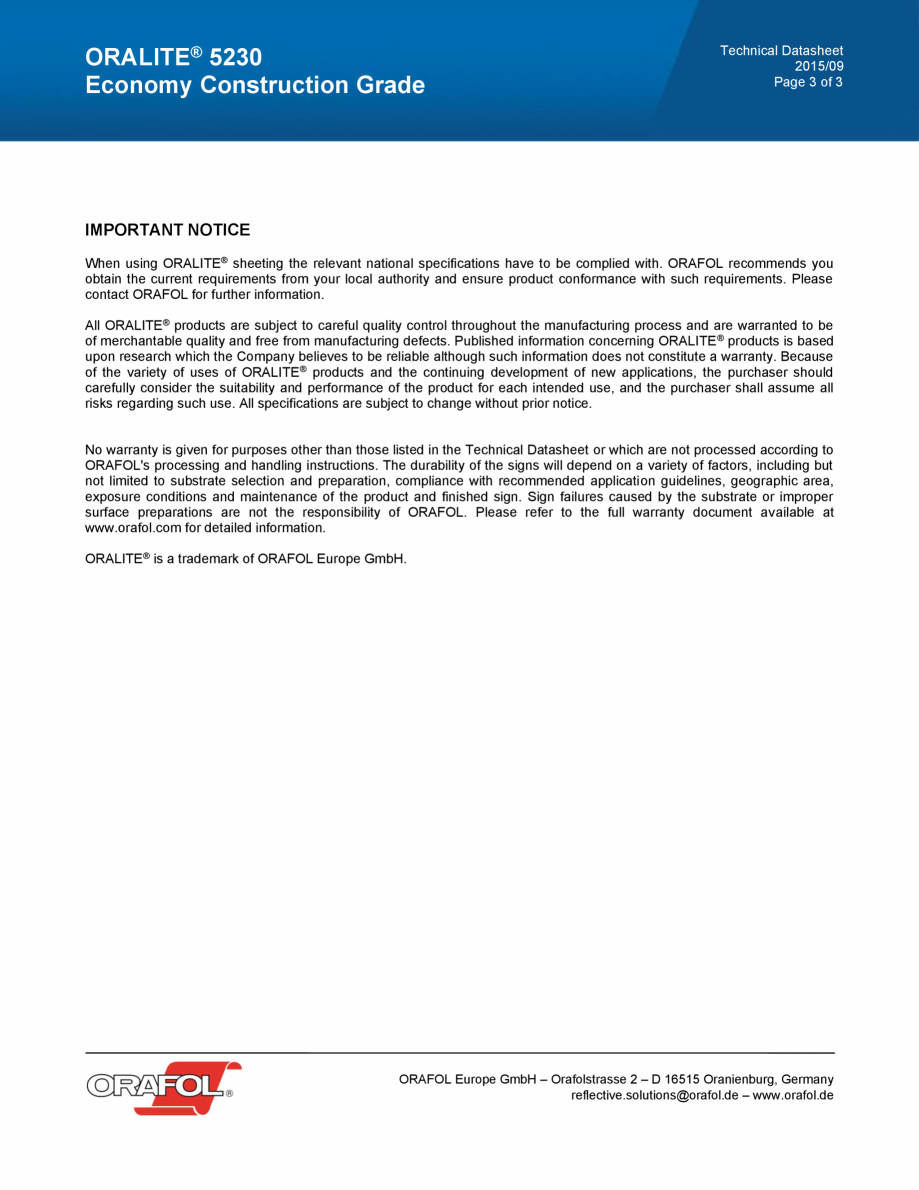 Pagina 3 - Folie reflectorizanta ECONOMY CONSTRUCTION GRADE ALGERNON ORALITE 5230 Fisa tehnica...