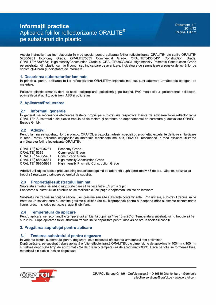 Pagina 1-Instructiuni aplicare pe plastic folie reflectorizanta ALGERNON ORALITE 5230, ORALITE 5430, ORALITE ...