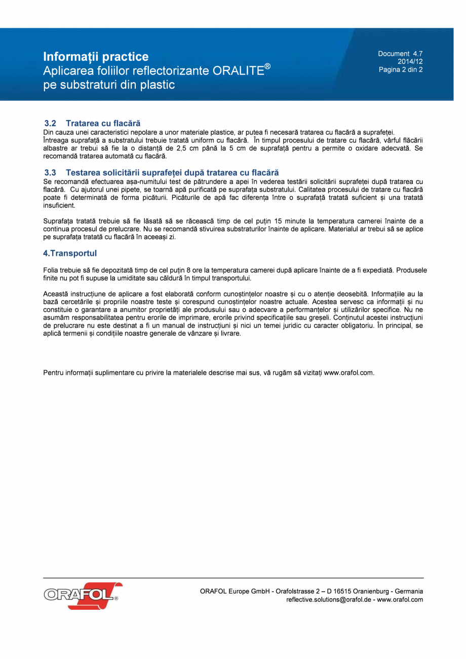 Pagina 2-Instructiuni aplicare pe plastic folie reflectorizanta ALGERNON ORALITE 5230, ORALITE 5430, ORALITE ...