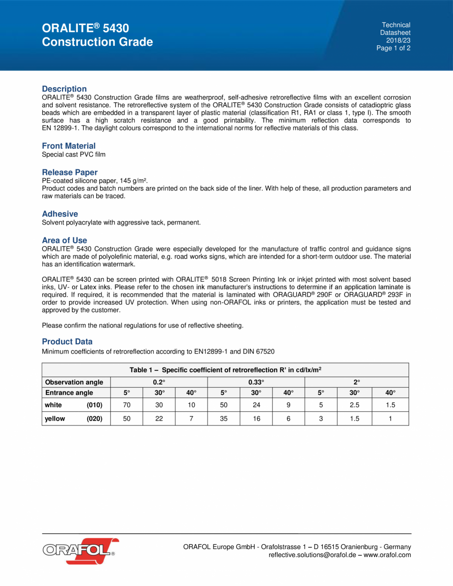 Pagina 1-Folie reflectorizanta CONSTRUCTION GRADE ALGERNON ORALITE 5430 Fisa tehnica Engleza Technical...