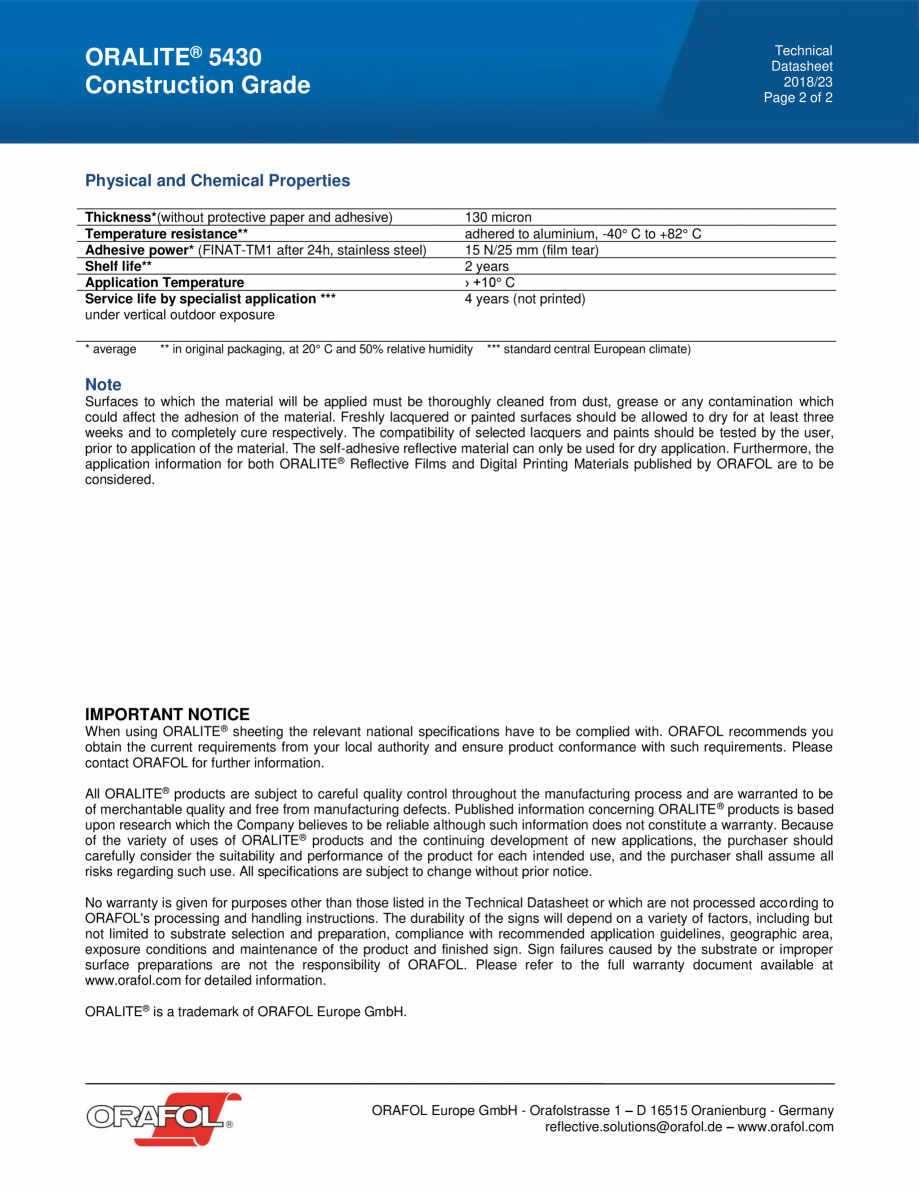 Pagina 2-Folie reflectorizanta CONSTRUCTION GRADE ALGERNON ORALITE 5430 Fisa tehnica Engleza TE® 5430...