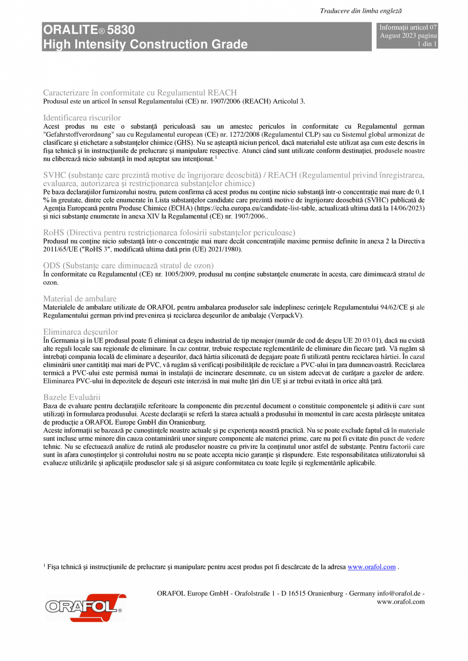 Pagina 1-Folie reflectorizanta HIGH INTENSITY CONSTRUCTION GRADE ALGERNON ORALITE 5830 Specificații tehnice ...