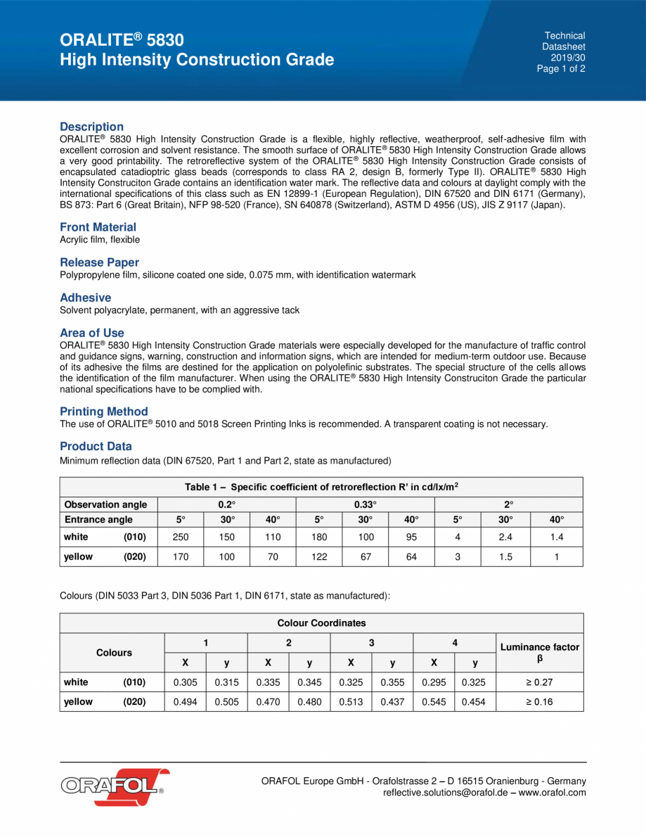 Pagina 1-Folie reflectorizanta HIGH INTENSITY CONSTRUCTION GRADE ALGERNON ORALITE 5830 Fisa tehnica Engleza...