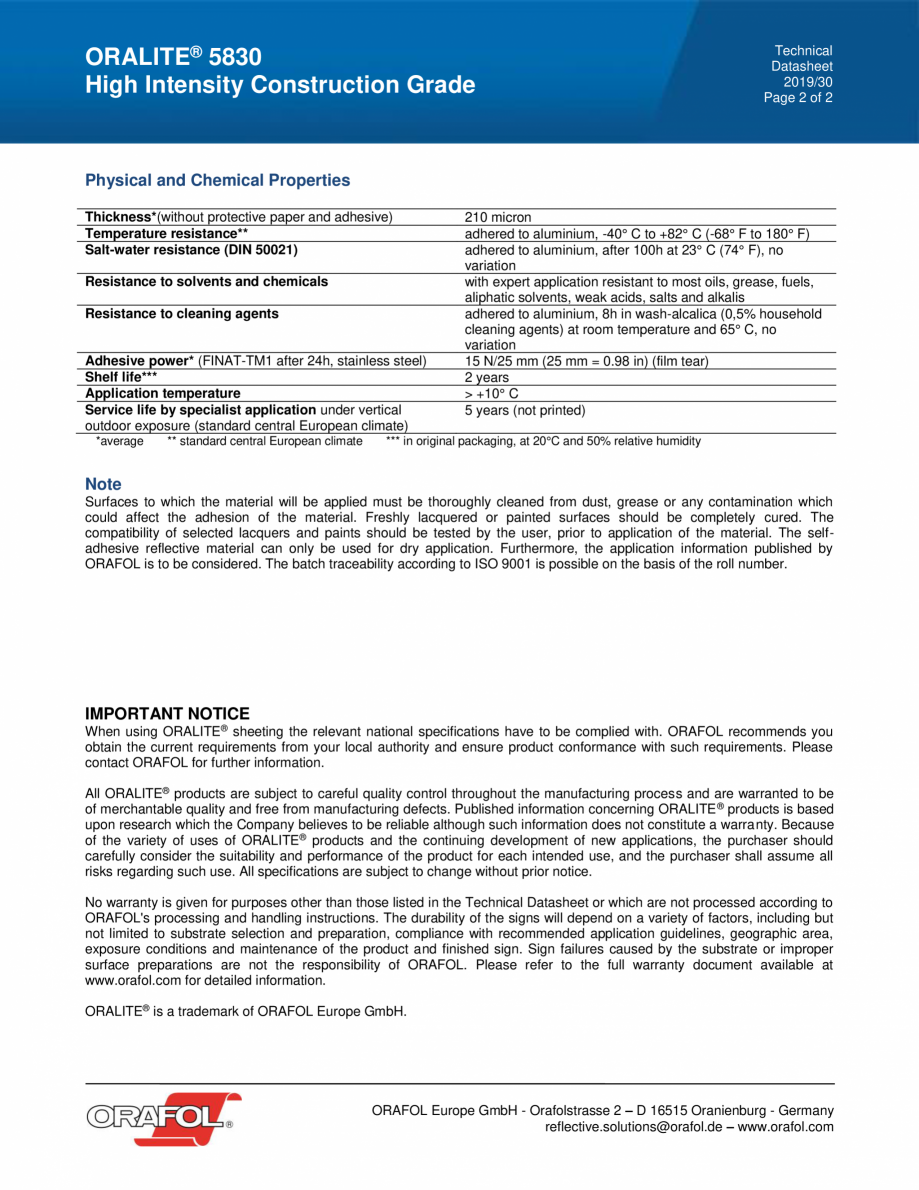 Pagina 2-Folie reflectorizanta HIGH INTENSITY CONSTRUCTION GRADE ALGERNON ORALITE 5830 Fisa tehnica Engleza r...