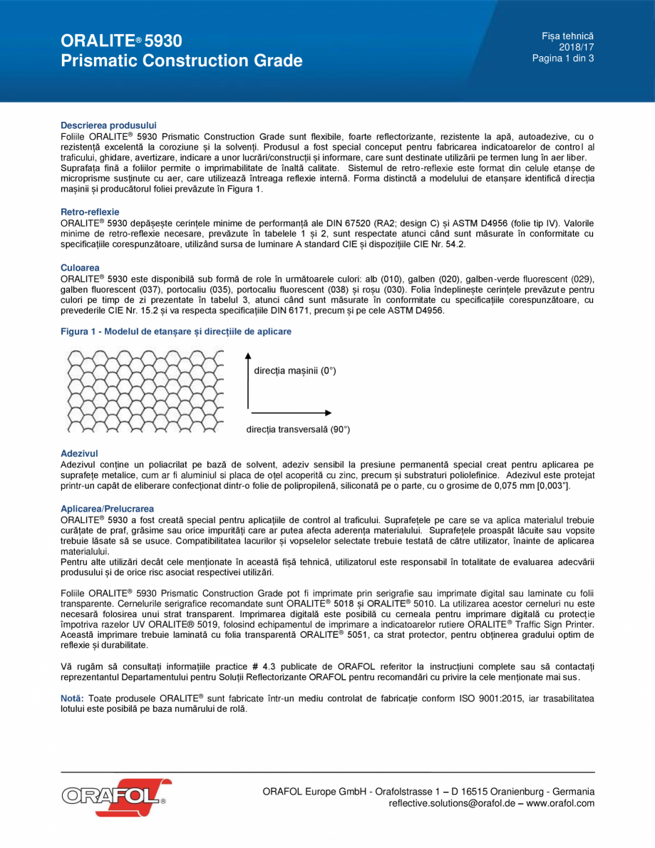 Pagina 1-Folie reflectorizanta PRISMATIC CONSTRUCTION GRADE ALGERNON ORALITE 5930 Fisa tehnica Romana...