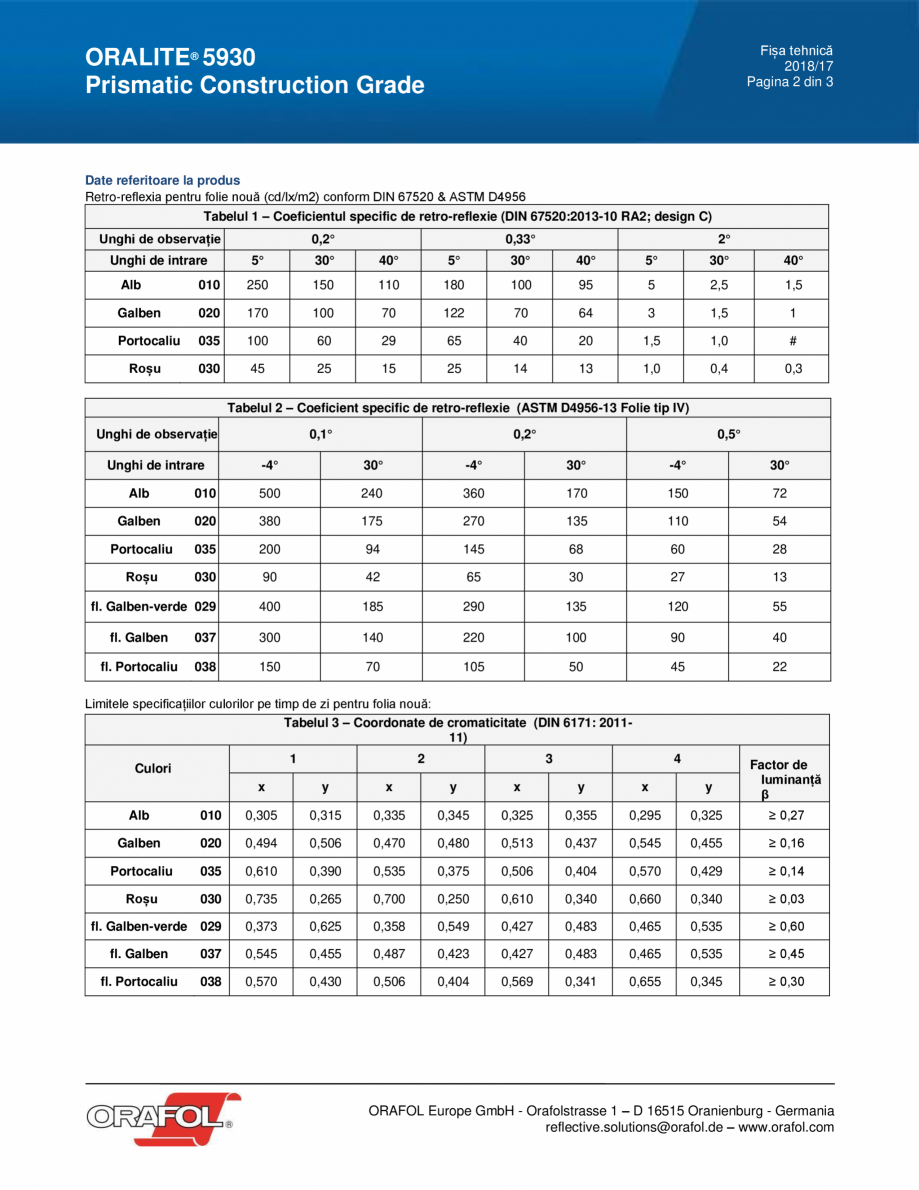 Pagina 2-Folie reflectorizanta PRISMATIC CONSTRUCTION GRADE ALGERNON ORALITE 5930 Fisa tehnica Romana orile...