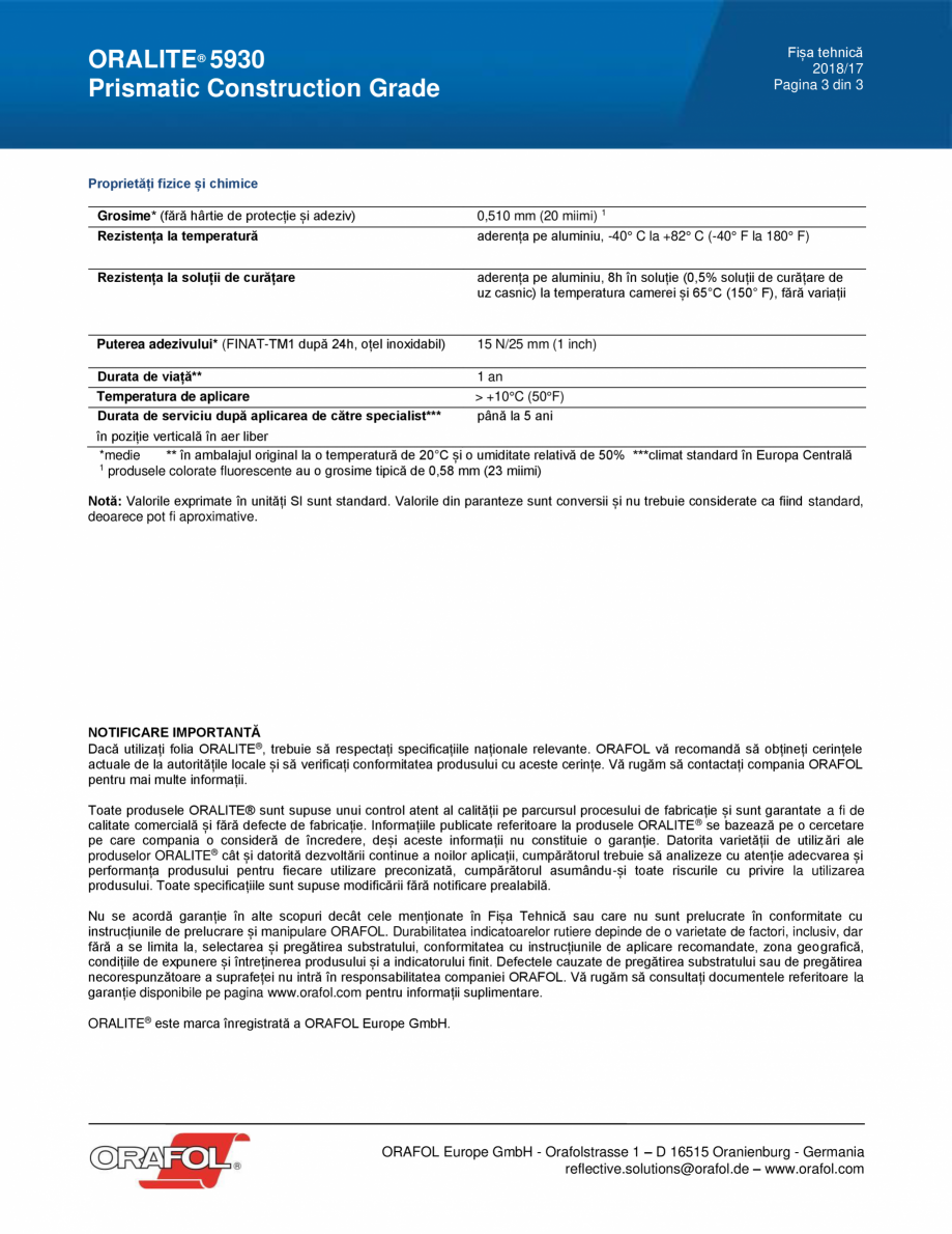 Pagina 3 - Folie reflectorizanta PRISMATIC CONSTRUCTION GRADE ALGERNON ORALITE 5930 Fisa tehnica...