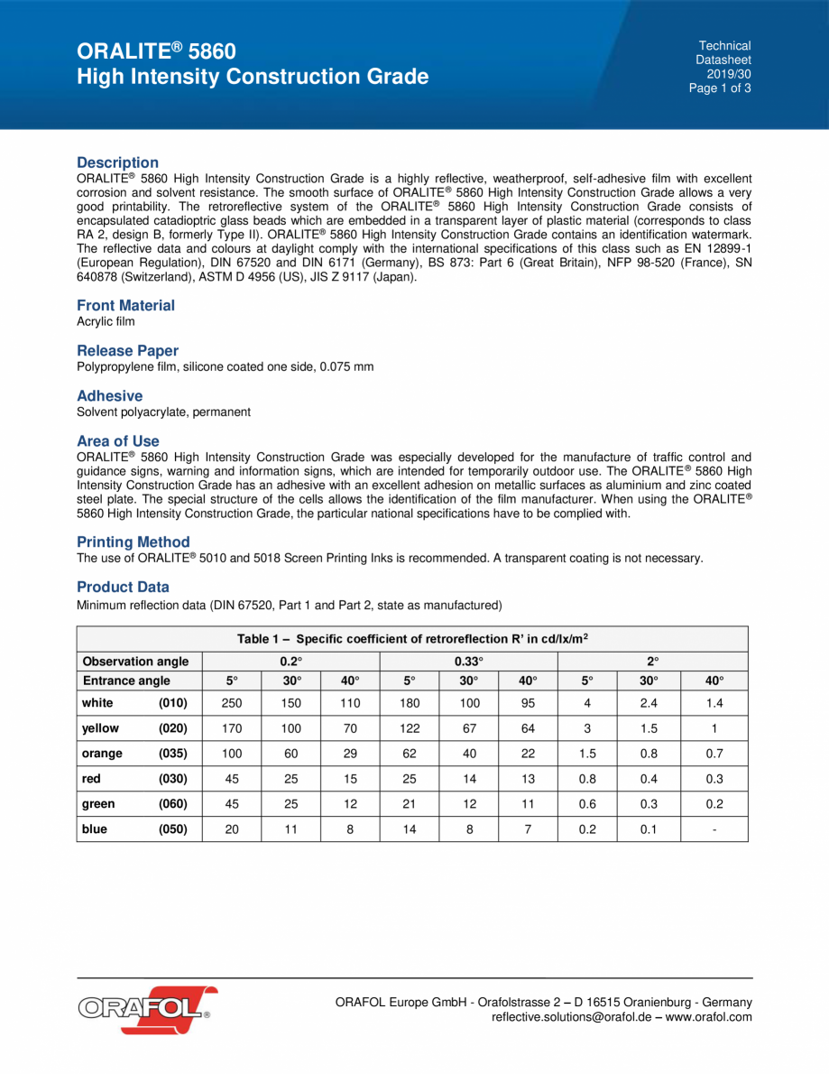 Pagina 1-Folie reflectorizanta HIGH INTENSITY CONSTRUCTION GRADE ALGERNON ORALITE 5860 Fisa tehnica Technical...
