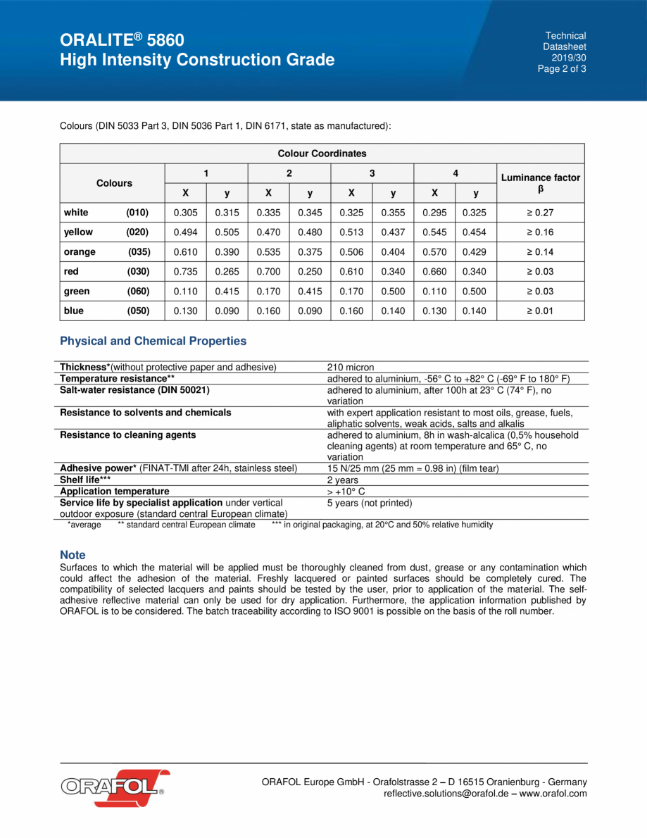 Pagina 2-Folie reflectorizanta HIGH INTENSITY CONSTRUCTION GRADE ALGERNON ORALITE 5860 Fisa tehnica ont...