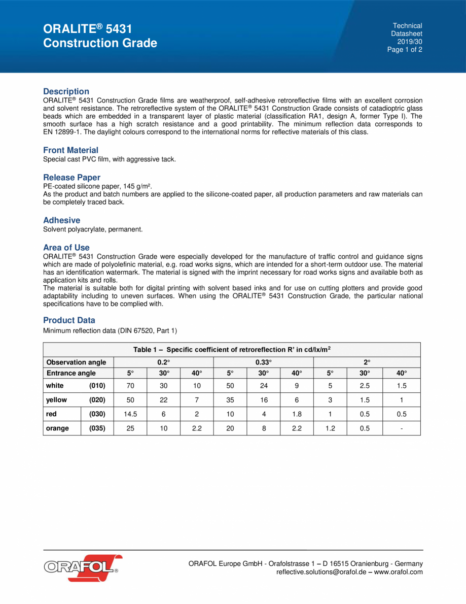 Pagina 1 - Folii reflectorizate CONSTRUCTION GRADE ALGERNON ORALITE 5431 Fisa tehnica Engleza...