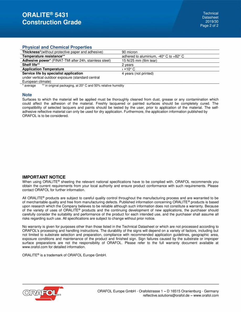 Pagina 2 - Folii reflectorizate CONSTRUCTION GRADE ALGERNON ORALITE 5431 Fisa tehnica Engleza ITE® ...