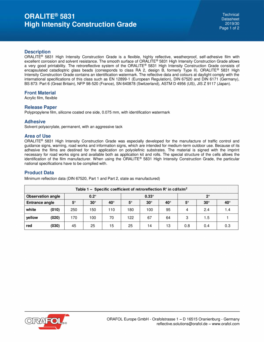 Pagina 1-Folie reflectorizata HIGH INTENSITY CONSTRUCTION GRADE ALGERNON ORALITE 5831 Fisa tehnica Engleza...