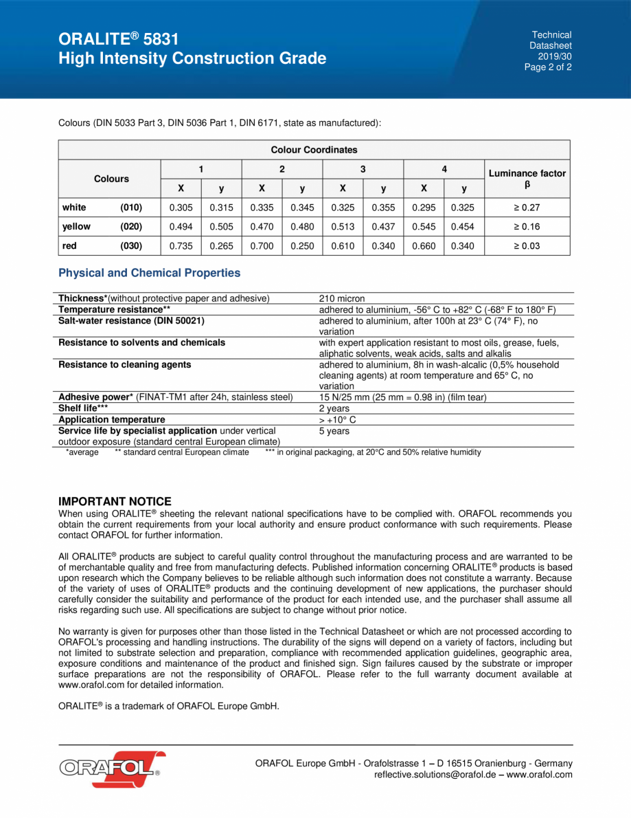 Pagina 2-Folie reflectorizata HIGH INTENSITY CONSTRUCTION GRADE ALGERNON ORALITE 5831 Fisa tehnica Engleza ...