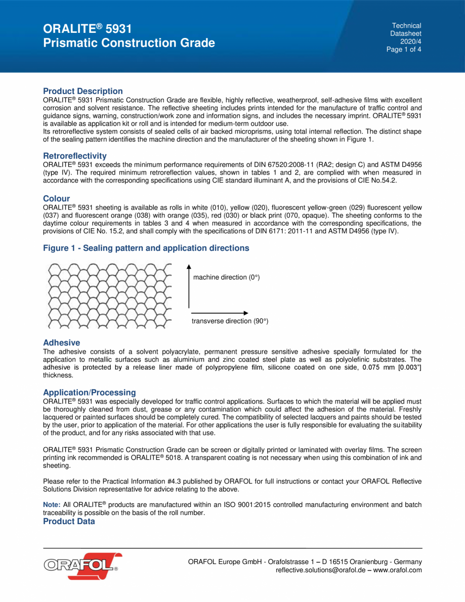 Pagina 1-Folie reflectorizata PRISMATIC CONSTRUCTION GRADE ALGERNON ORALITE 5931 Fisa tehnica Engleza...