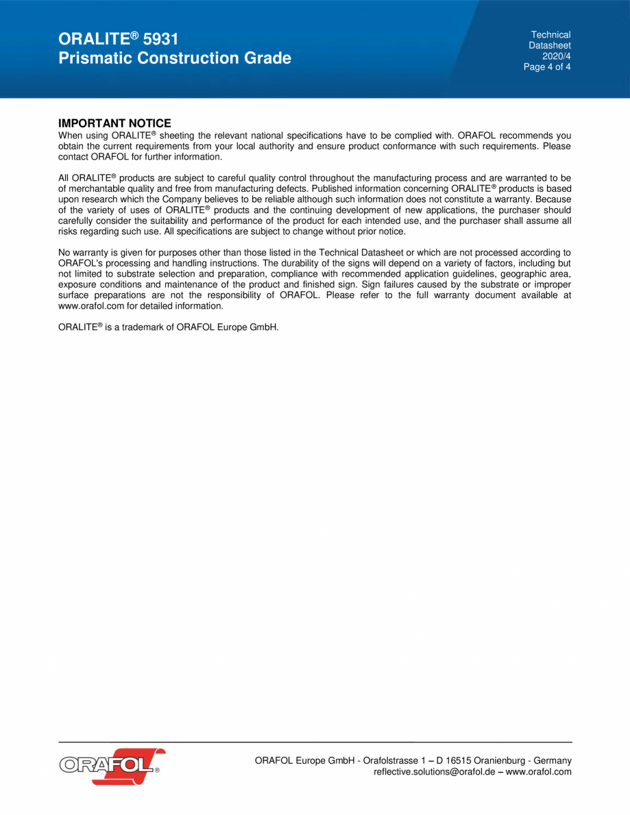 Pagina 4-Folie reflectorizata PRISMATIC CONSTRUCTION GRADE ALGERNON ORALITE 5931 Fisa tehnica Engleza to the ...