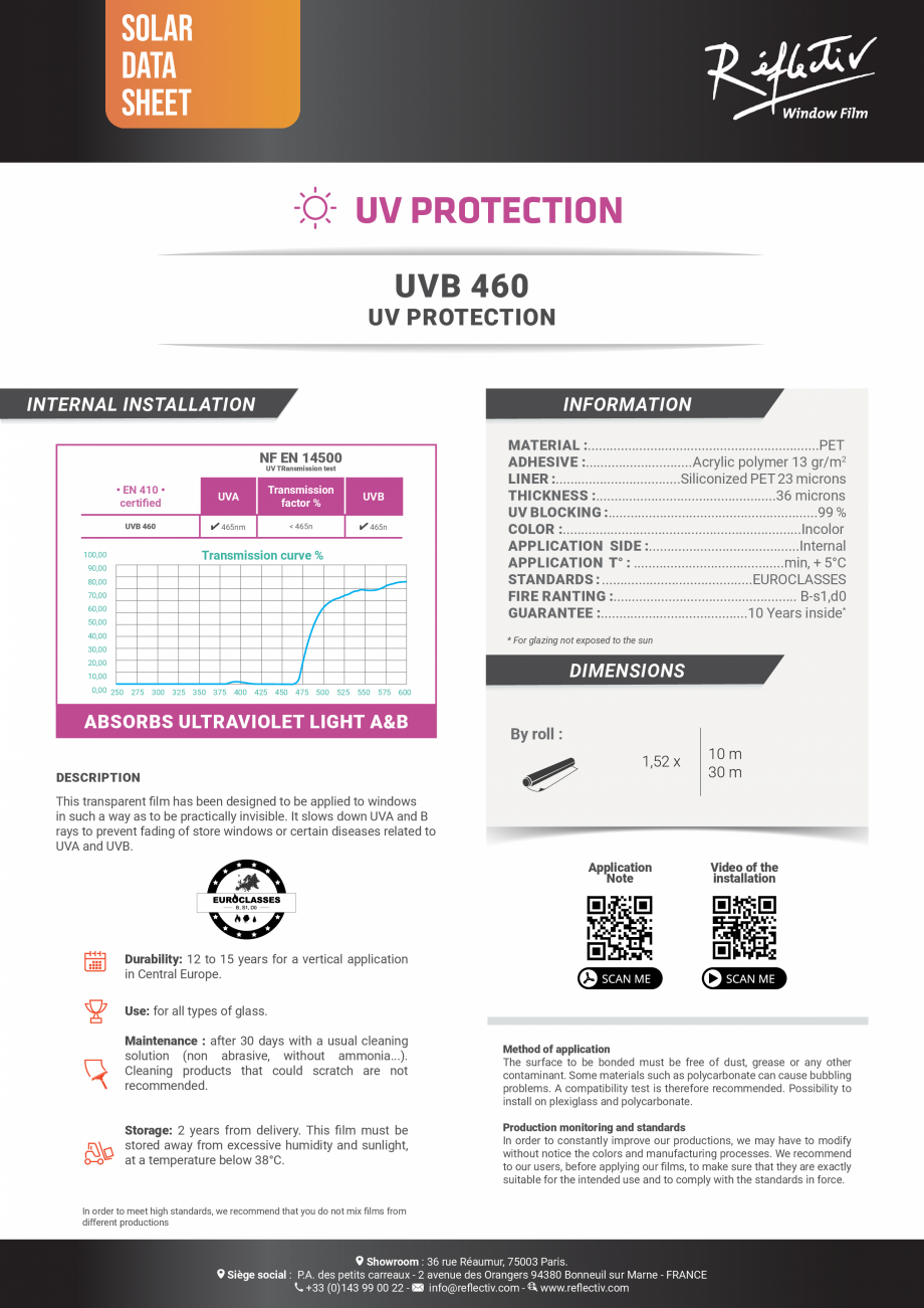 Pagina 1 - Folie protectie UV pentru vitrine ALGERNON UVB 460 Fisa tehnica Engleza SOLAR
DATA
SHEET
...