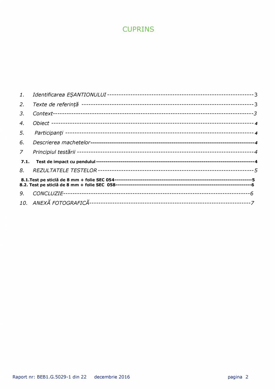 Pagina 2 - Rezistenta la impact ALGERNON SEC 054 Certificare produs Romana l raport cuprinde 6...