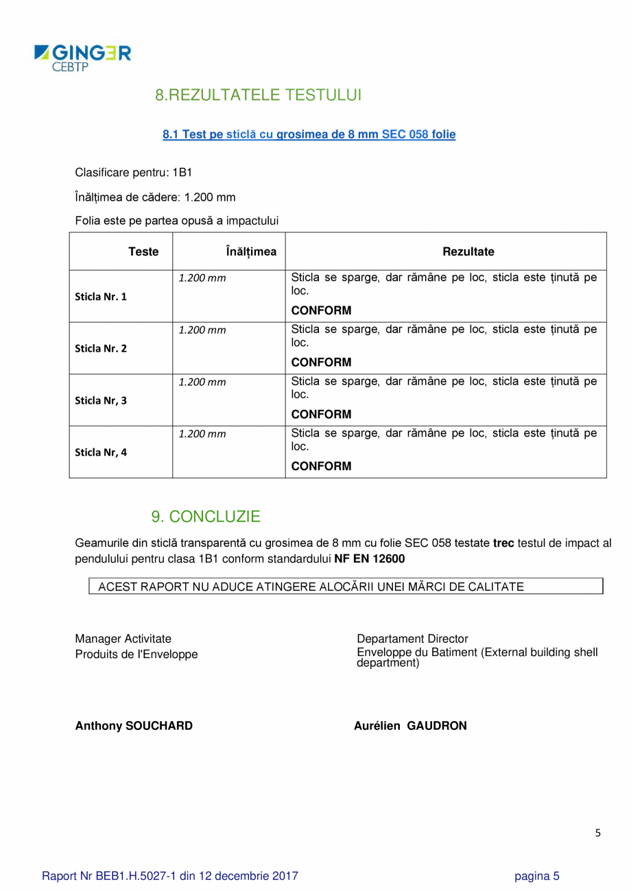 Pagina 5-Rezistenta la impact  ALGERNON SEC 058 Certificare produs Romana plementat de CRDC, Saint Gobain...