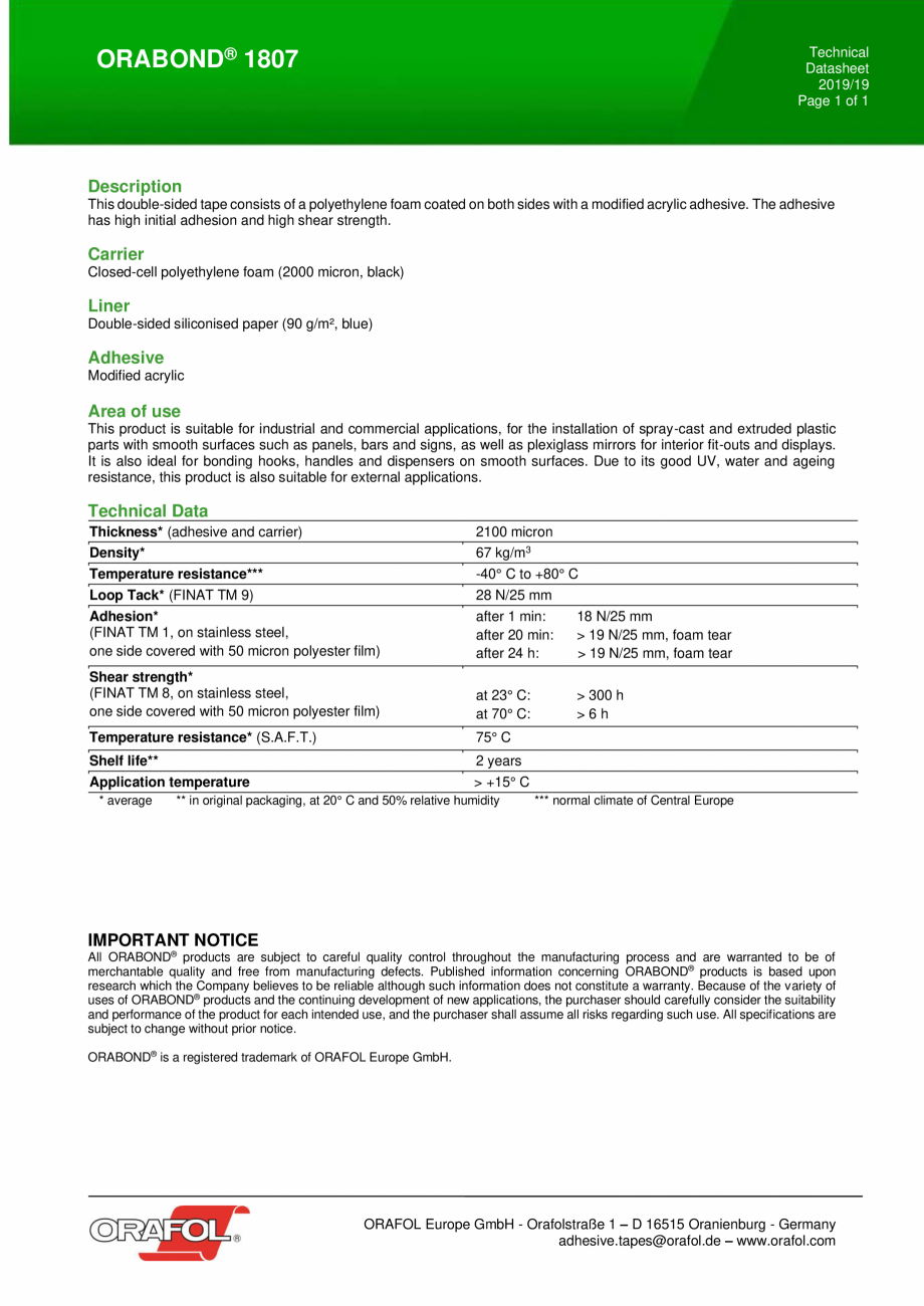 Pagina 1-Banda dublu adeziva buretoasa ALGERNON ORABOND 1807 Fisa tehnica Engleza Technical
Datasheet
2019/19...
