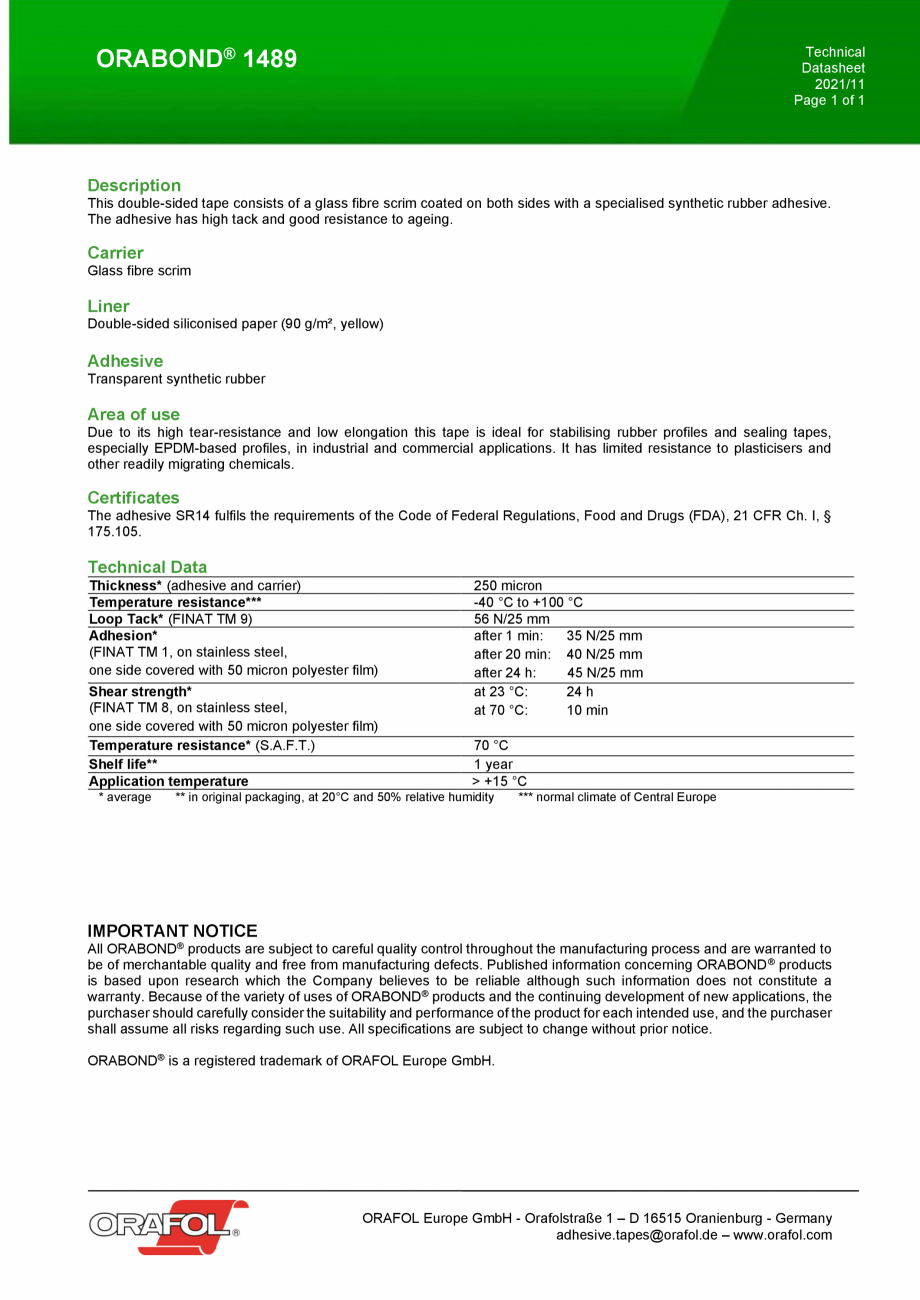 Pagina 1-Banda dublu adeziva pe suport de fibra de sticla ALGERNON ORABOND 1489 Fisa tehnica Engleza...