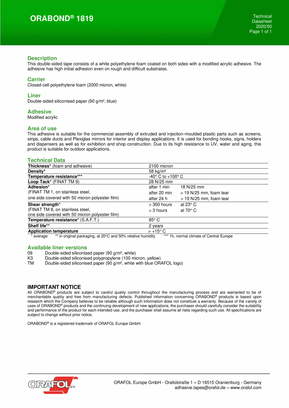 Pagina 1-Banda dublu adeziva buretoasa ALGERNON ORABOND 1819  Fisa tehnica Engleza Technical
Datasheet...