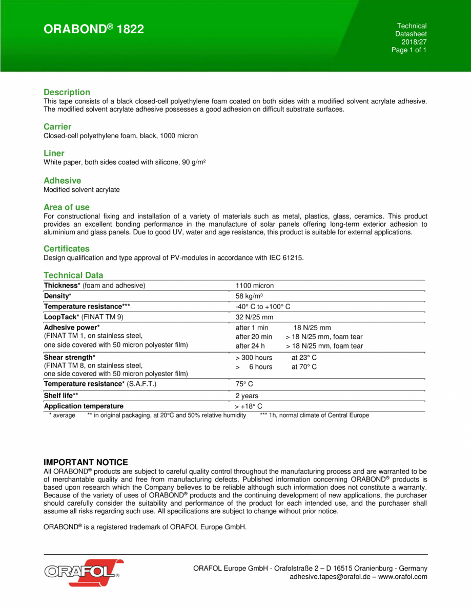 Pagina 1-Banda dublu adeziva, buretoasa ALGERNON ORABOND 1822/1822TM Fisa tehnica Engleza Technical
Datasheet...