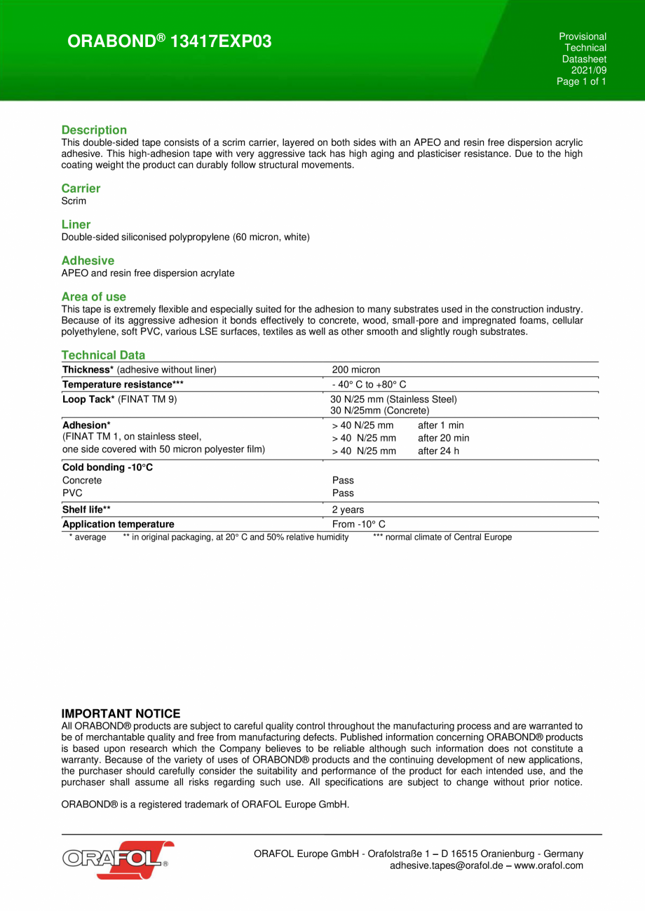 Pagina 1-Banda dublu adeziva, cu insertie textila ALGERNON ORABOND 13417EXP03 Fisa tehnica Engleza...