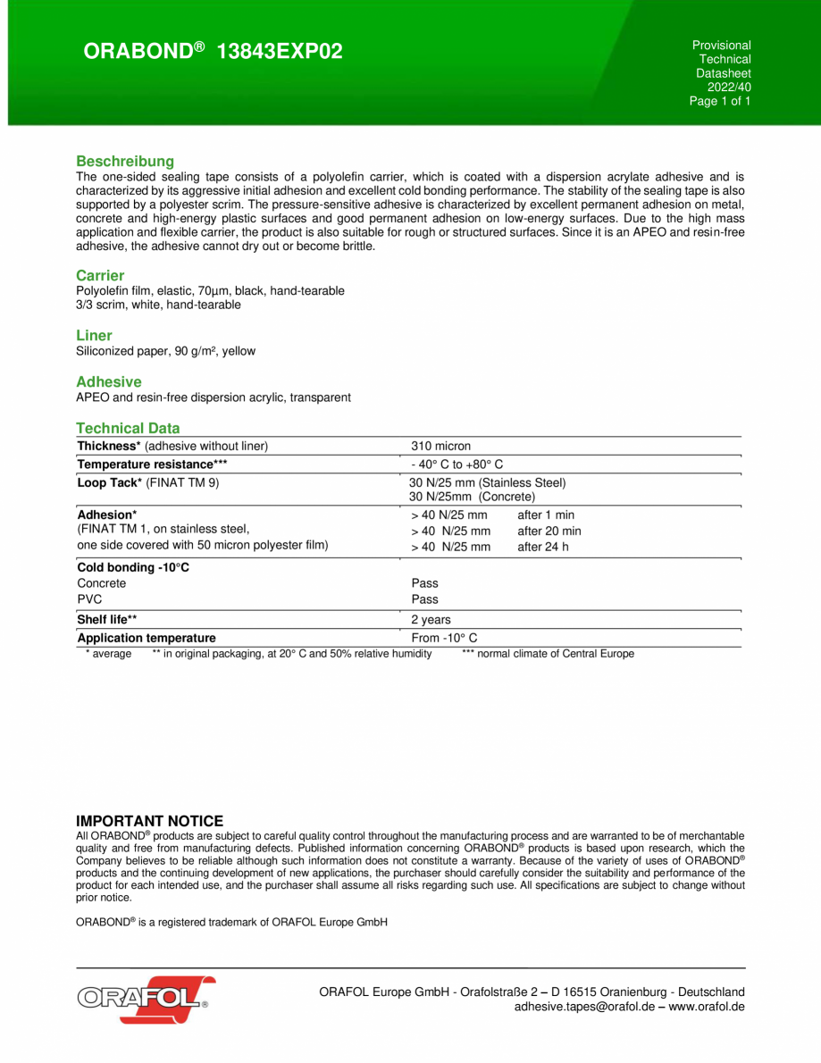 Pagina 1-Banda adeziva de etansare ALGERNON ORABOND 13843EXP02 Fisa tehnica Engleza Provisional
Technical...