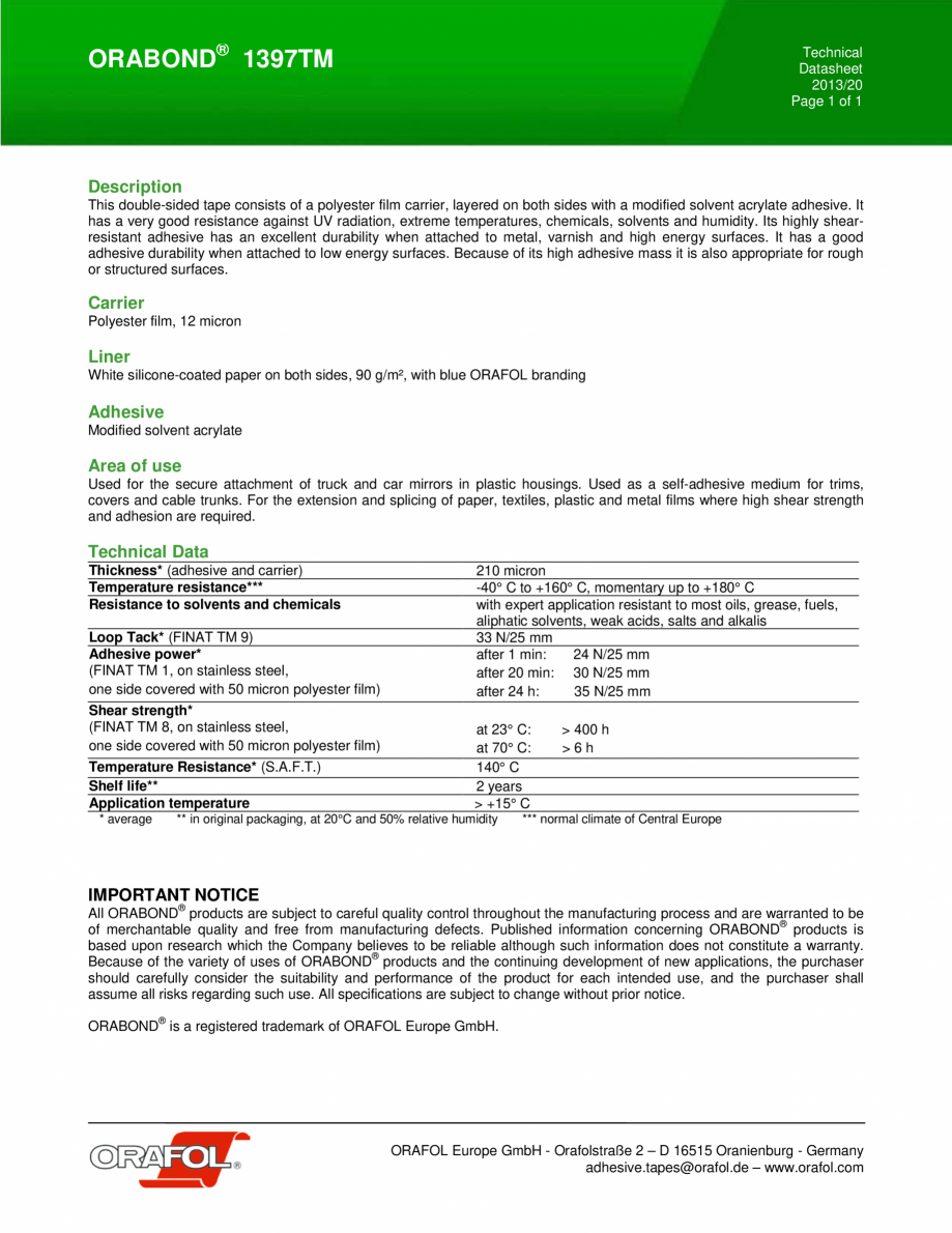 Pagina 1-Banda dublu adeziva transparenta ALGERNON ORABOND 1397TM Fisa tehnica Engleza ORABOND® 1397TM
...