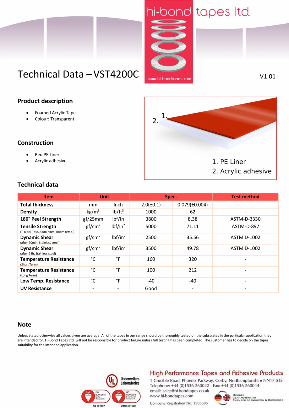 Pagina 1-Banda acrilica transparenta cu grosimea de 2 mm ALGERNON HI-BOND VST 4200C Fisa tehnica Engleza...