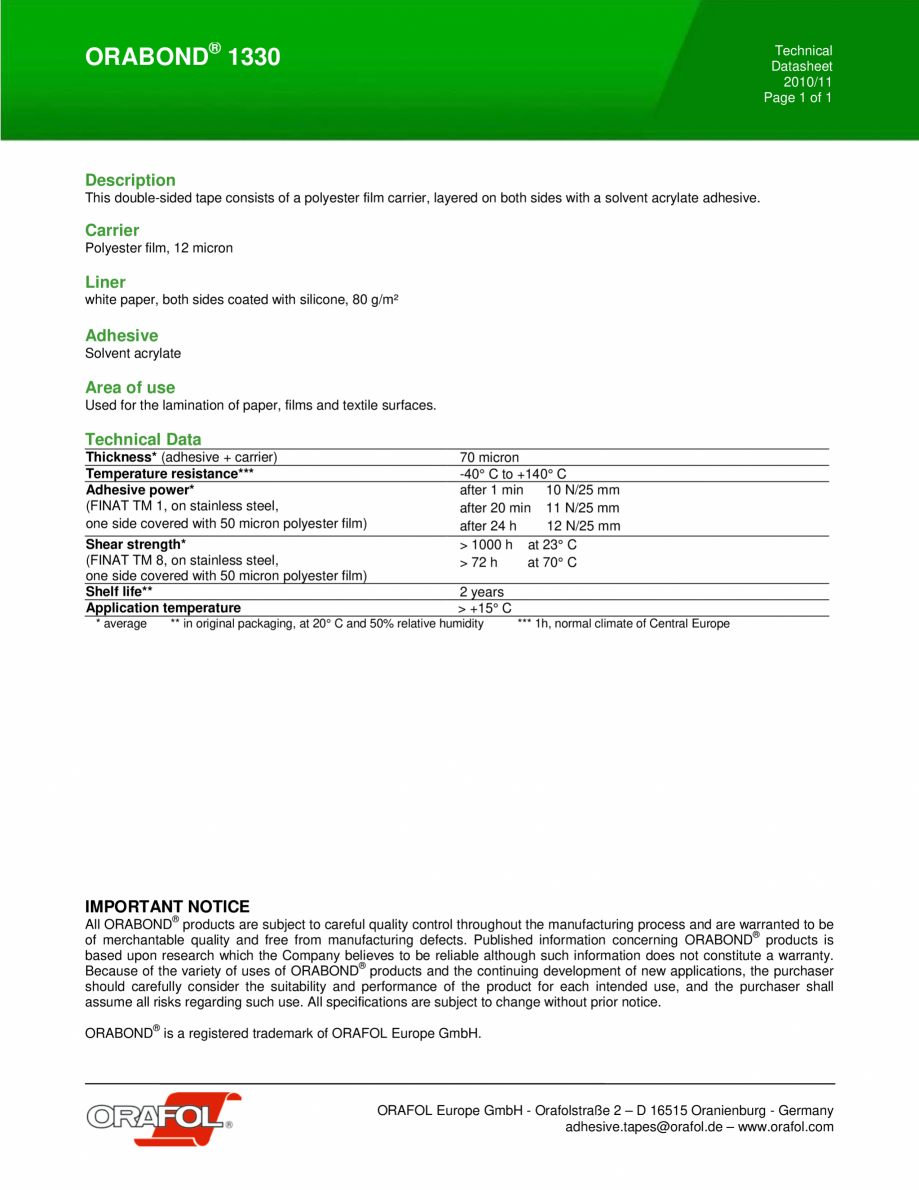 Pagina 1-Banda dublu adeziva, transparenta ALGERNON ORABOND 1330 Fisa tehnica Engleza ORABOND® 1330
...
