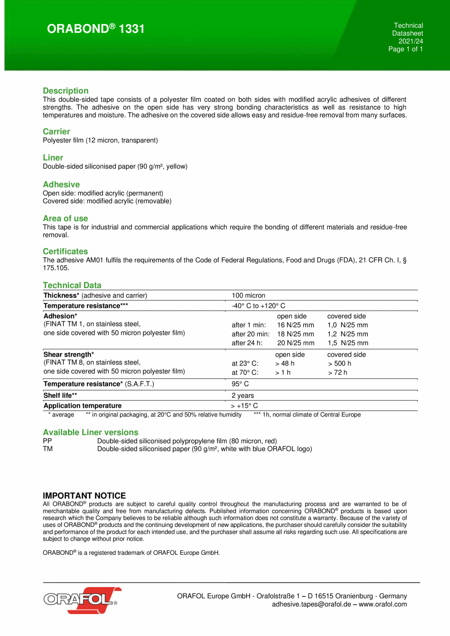 Pagina 1 - Poliester transparent dublu adeziv cu o parte removabila ALGERNON ORABOND 1331 Fisa...