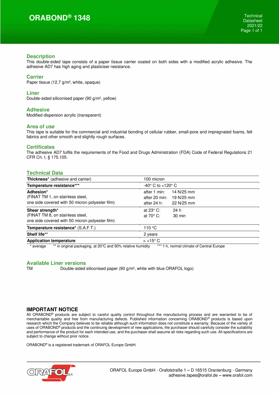 Pagina 1-Banda dublu adeziva pe suport de hartie ALGERNON ORABOND 1348 Fisa tehnica Engleza Technical...