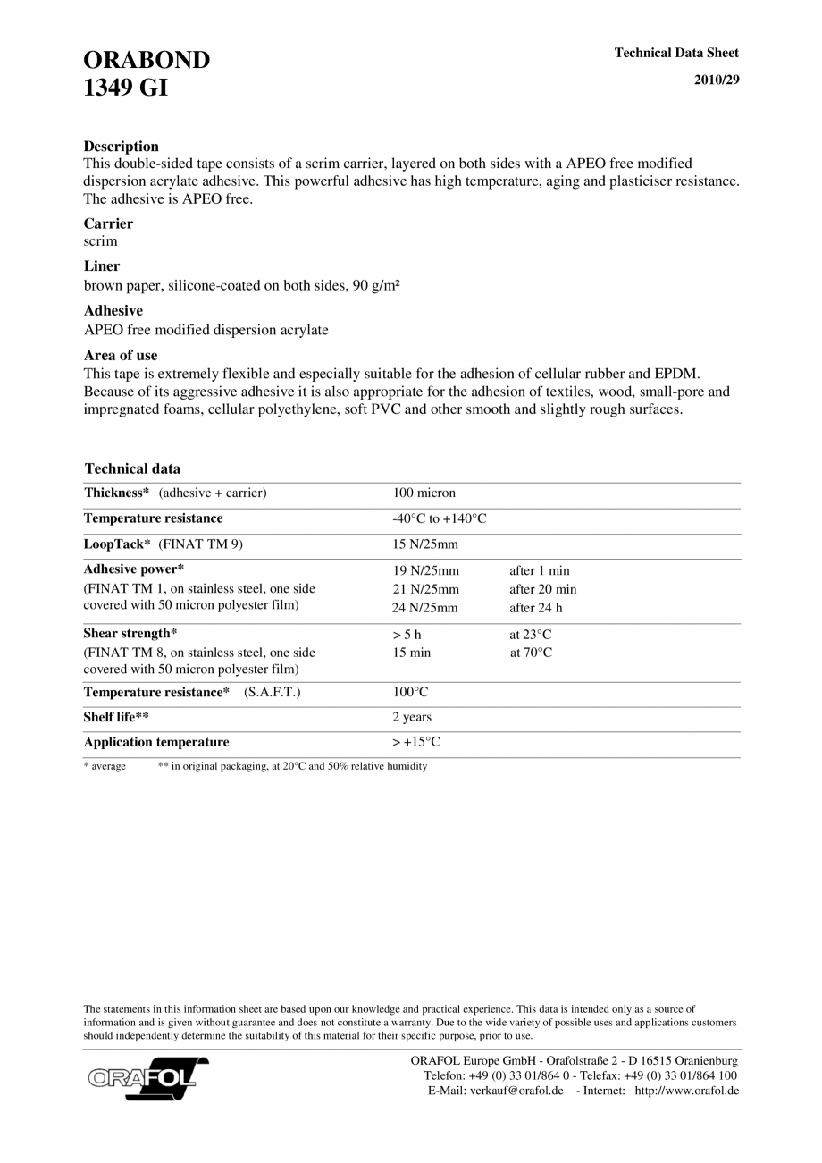 Pagina 1-Banda dublu adeziva cu insertie textila ALGERNON ORABOND 1349 GI Fisa tehnica Engleza Technical Data...