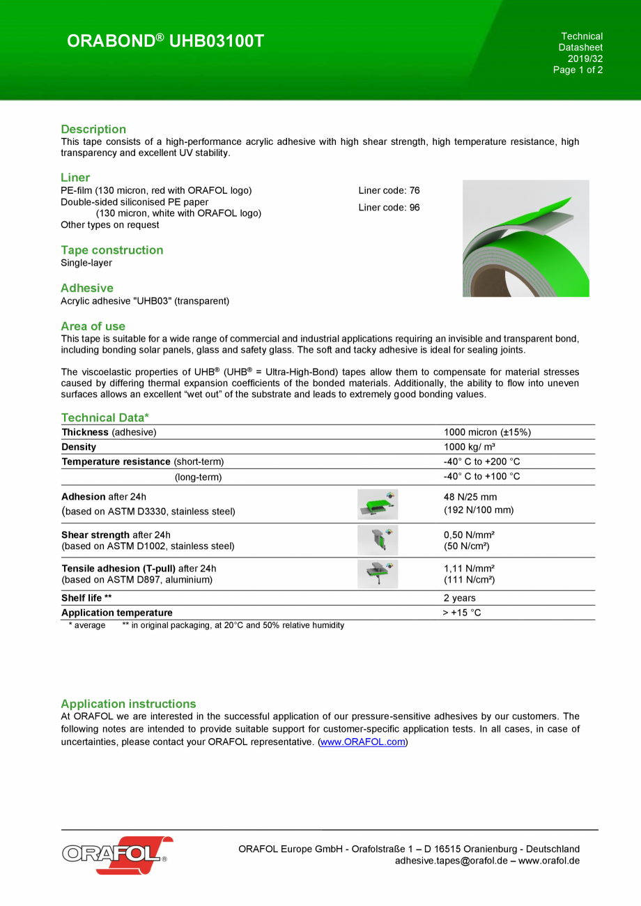 Pagina 1-Banda dublu adeziva transparenta pe suport din spuma acrilica ALGERNON UHB03100T  Fisa tehnica...