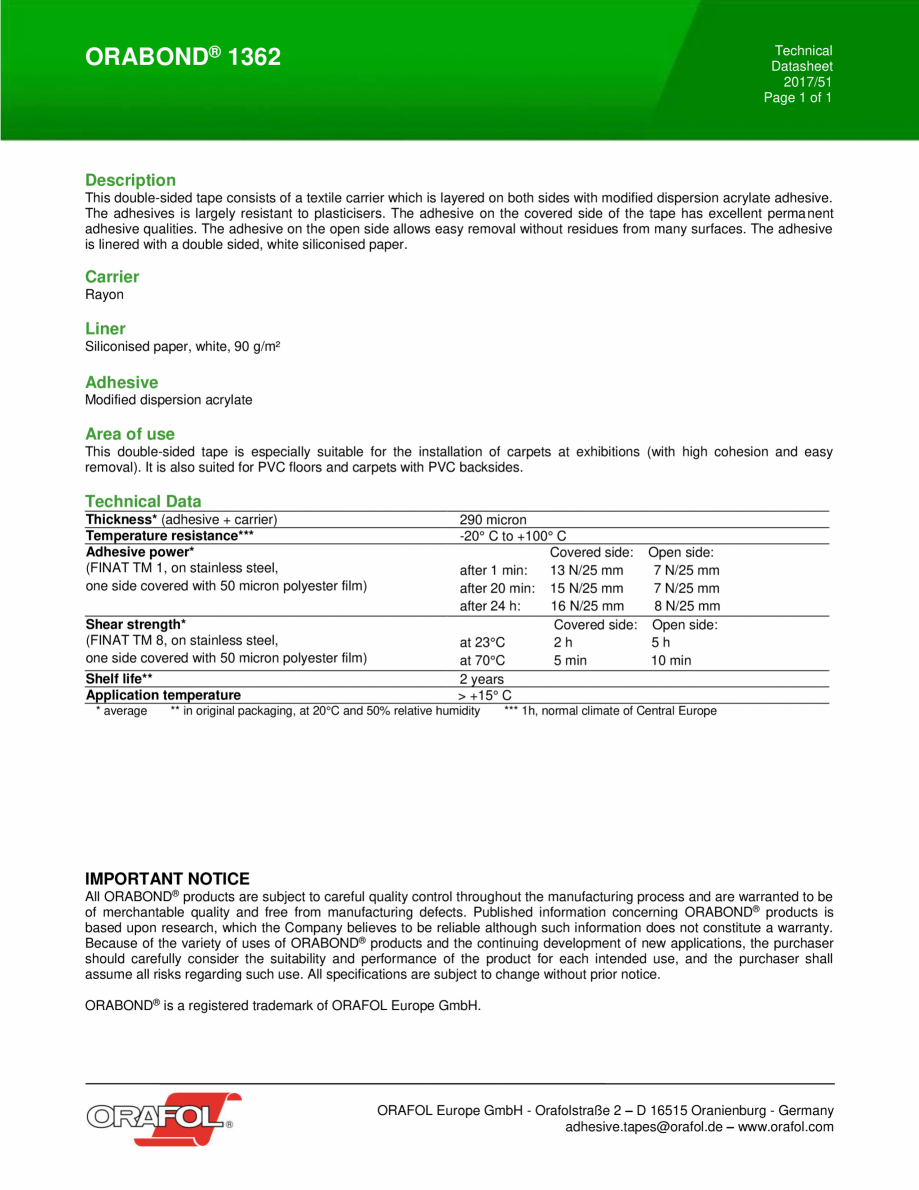 Pagina 1-Textil dublu adeziv cu o parte removabila ALGERNON ORABOND 1362  Fisa tehnica Engleza Technical...