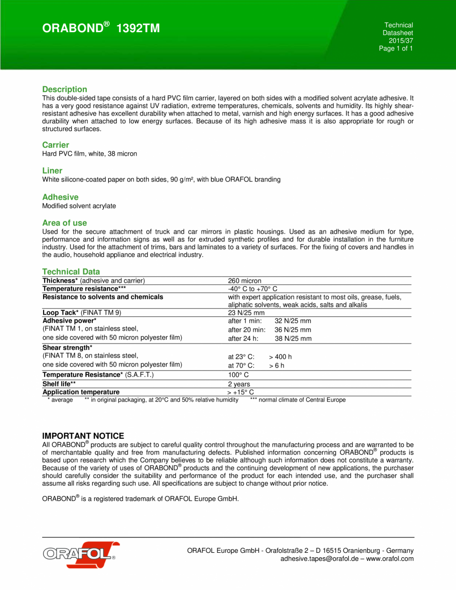 Pagina 1 - Banda dublu adeziva alba pe suport de PVC ALGERNON ORABOND 1392 TM  Fisa tehnica Engleza ...