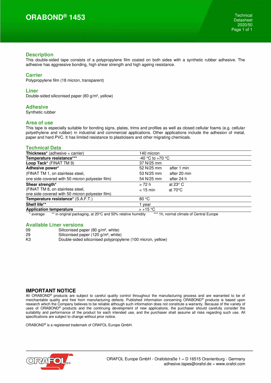 Pagina 1-Banda dublu adeziva din polipropilena ALGERNON ORABOND 1453  Fisa tehnica Engleza Technical...