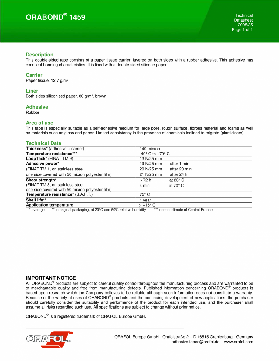 Pagina 1-Banda dublu adeziva pe suport de hartie ALGERNON ORABOND 1459 Fisa tehnica Engleza ORABOND® 1459
...