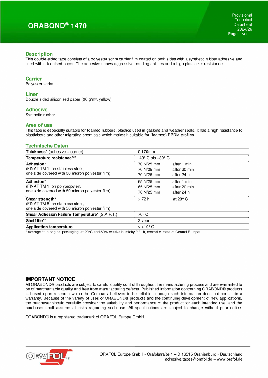 Pagina 1-Banda dublu adeziva cu insertie din poliester ALGERNON ORABOND 1470 Fisa tehnica Engleza Provisional...