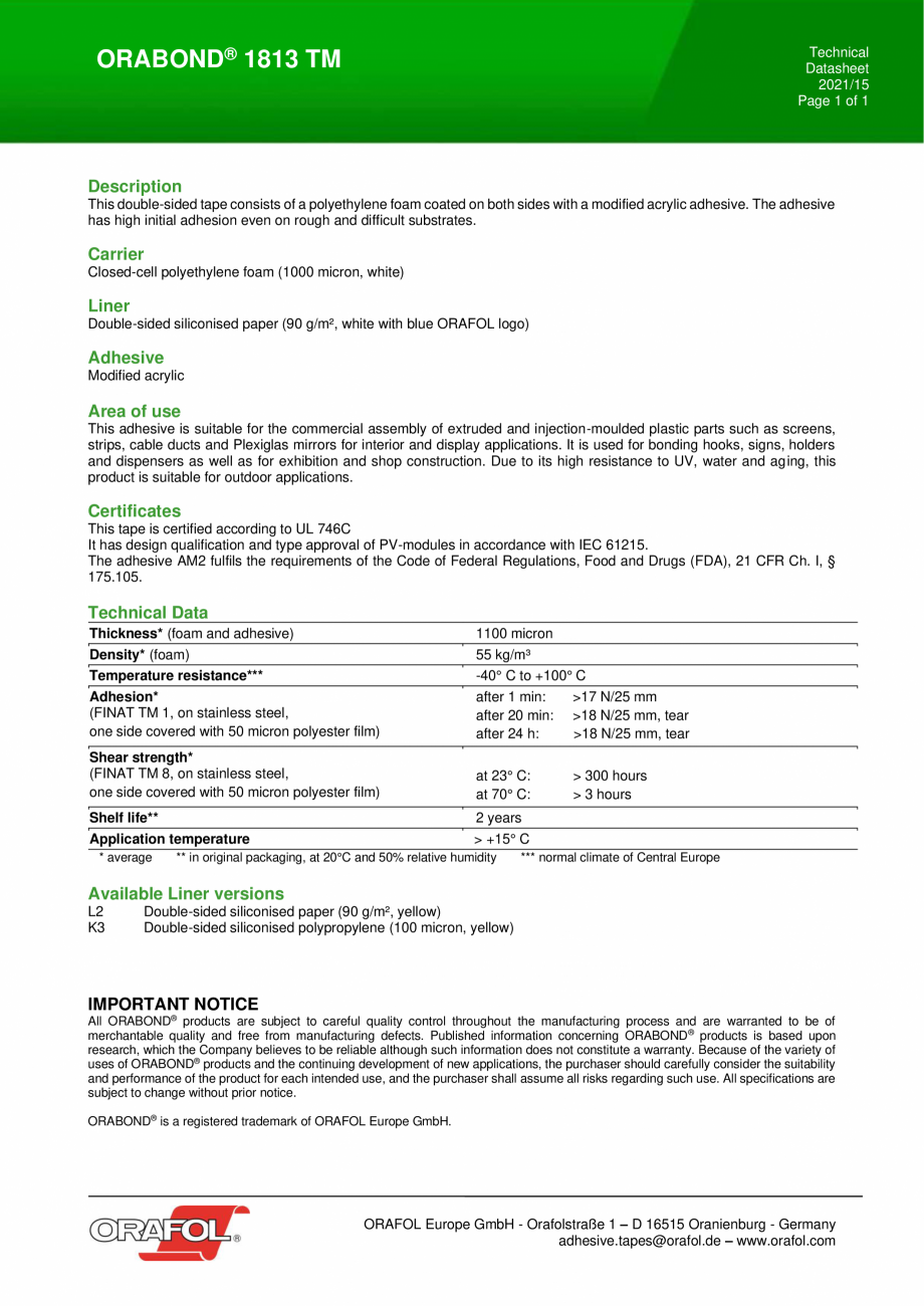 Pagina 1 - Banda dublu adeziva buretoasa ALGERNON ORABOND 1813K3 Fisa tehnica Engleza Technical...