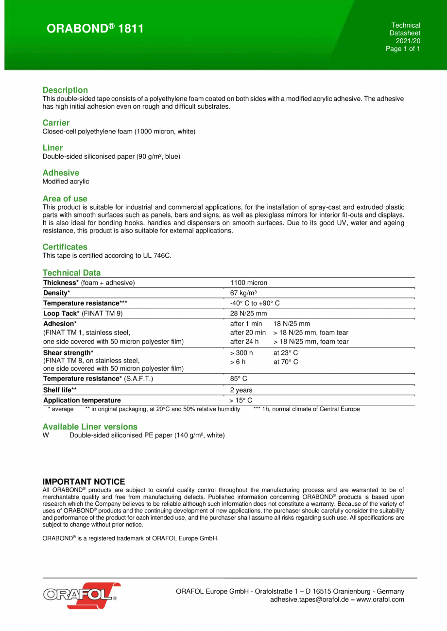 Pagina 1-Buline dublu adezive ALGERNON ORABOND 1811 Fisa tehnica Engleza Technical
Datasheet
2021/20
Page 1...