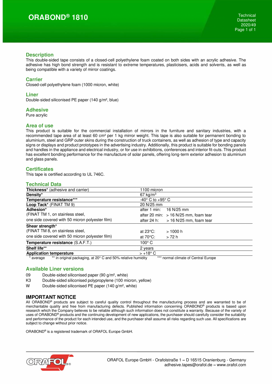 Pagina 1 - Banda dublu adeziva buretoasa ALGERNON ORABOND 1810 Fisa tehnica Engleza Technical...