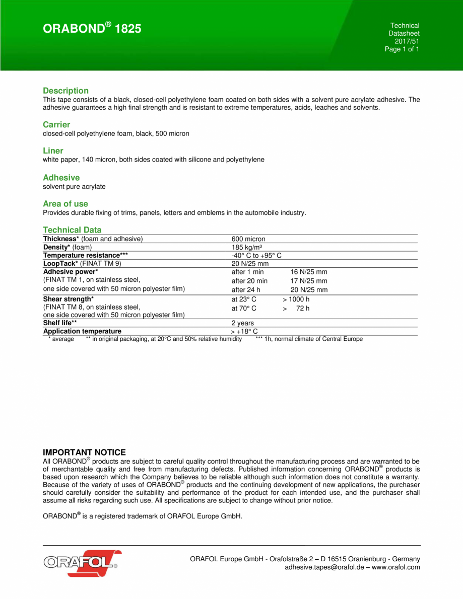 Pagina 1-Banda dublu adeziva buretoasa ALGERNON ORABOND 1825 Fisa tehnica Engleza ORABOND® 1825

Technical...