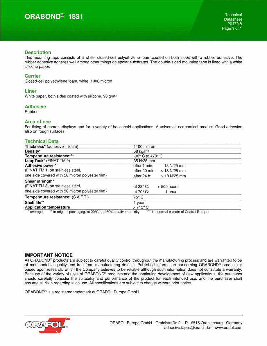Pagina 1-Banda dublu adeziva buretoasa ALGERNON ORABOND 1831 Fisa tehnica Engleza Technical
Datasheet
2017/48...